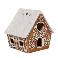 Clayre &amp; Eef   | Theelichthouder Kerst Huisje Bruin Wit 9x7x8 cm | 6CE1743