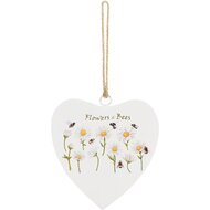 Dekoratief | Hanger hart &#039;Flowers &amp; Bees&#039;, wit, metaal, 11x11cm | A250037