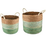 Dekoratief | Set 2 manden m/handvaten, naturel/groen, jute, 40x40x34cm | A250083