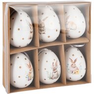 Dekoratief | Box 6 eitjes hangers m/bunnyprint, wit/bruin, pvc, 16x16x5cm | A250288