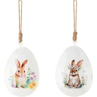 Dekoratief | Hanger ei m/bunny, wit/bruin, metaal, 9x6x1cm, set van 2 stuks | A250289