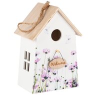 Dekoratief | Hanger vogelhuisje m/bloemen &#039;Welcome&#039;, wit/paars, hout, 13x10x19cm | A250298