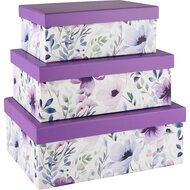 Dekoratief | Set 3 dozen rechthoek, &#039;Purple Flowers&#039;, karton, 26x18x10cm | A250780