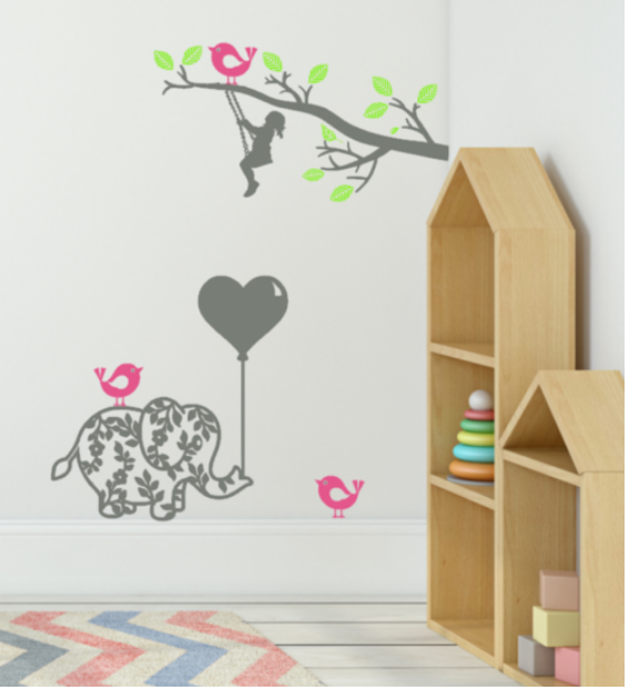 Muurstickerset | Meisje op schommel - Olifant met ballon - vogels | Kinderkamer | Rosami Decoratiestickers