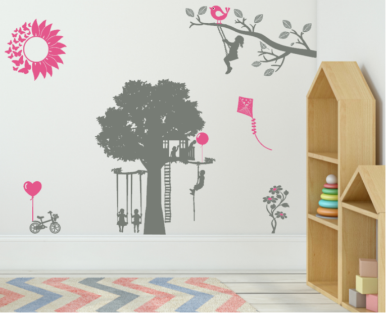 Muurstickerset Speeltuin | Kinderen op schommel - ballon - fiets - bloem - vlieger | Kinderkamer | Rosami Decoratiesticker