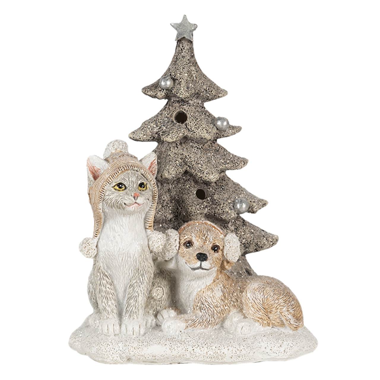 Clayre & Eef   | Kerstdecoratie Beeld Honden en kat Wit, Grijs LED 11x9x15 cm | 6PR4628