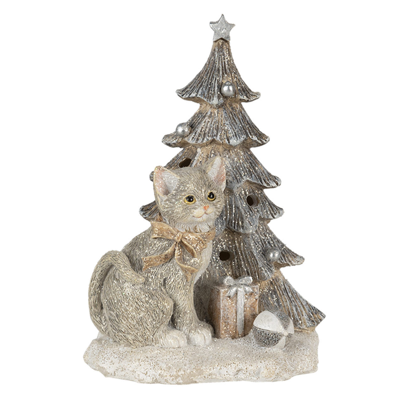 Clayre & Eef   | Kerstdecoratie Beeld Kat Grijs, Wit 12x9x16 cm LED | 6PR4629