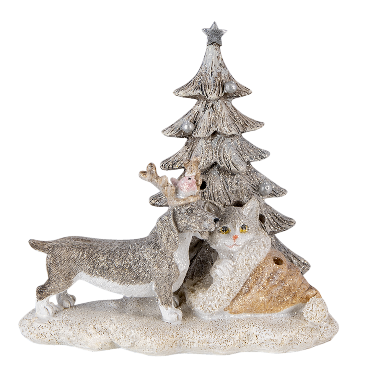 Clayre & Eef   | Decoratie Beeld Kat en Hond Grijs, Beige, Wit 16x10x15 cm LED | 6PR4631