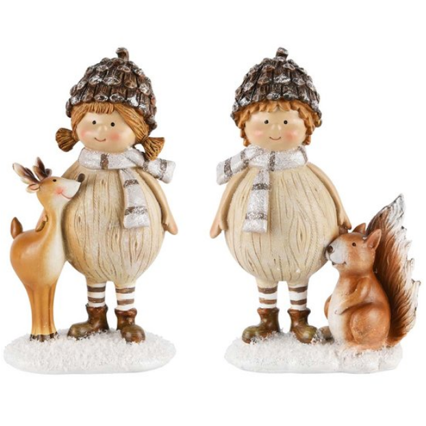 Set van decoratiebeelden kindje met rendier & eekhoorn 18 x 11 x 6 cm | Dekoratief Winterdecoratie | A215888