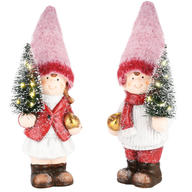 Set : Decoratie beeld jongen meisje winterkind kerstboom met ledverlichting 24 cm | Dekoratief | A205366