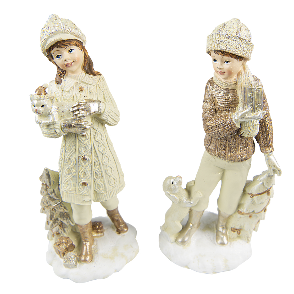 Clayre & Eef   | Kerstdecoratie Beeld set van 2 Kinderen Beige 9x8x22 cm | 6PR4794