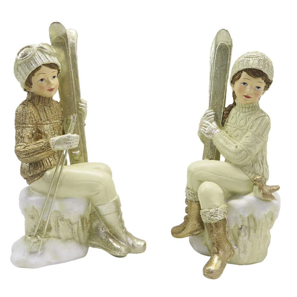 Clayre & Eef   | Kerstdecoratie Beeld set van 2 Kinderen Beige Goudkleurig 10x7x18 cm | 6PR4798