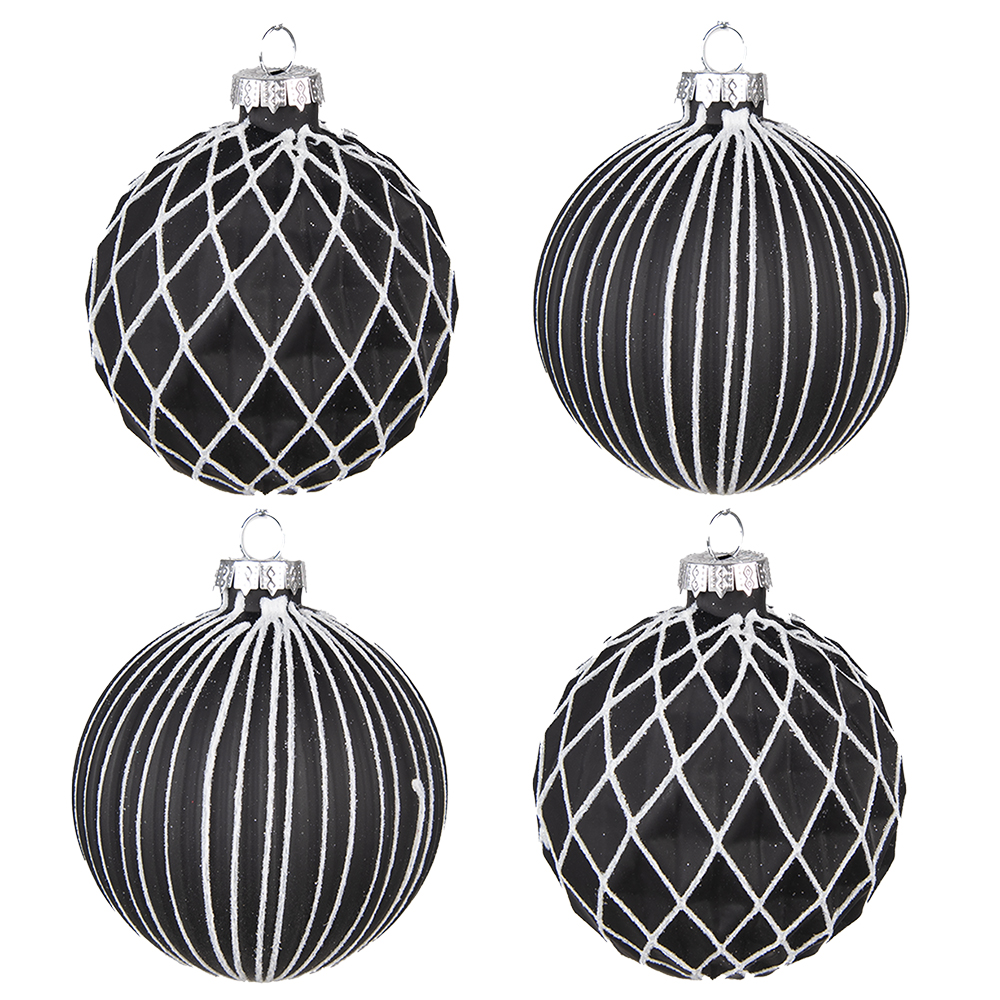 Clayre & Eef   | Kerstballen set van 4 Zwart Wit ø 8x8 cm | 6GL4133