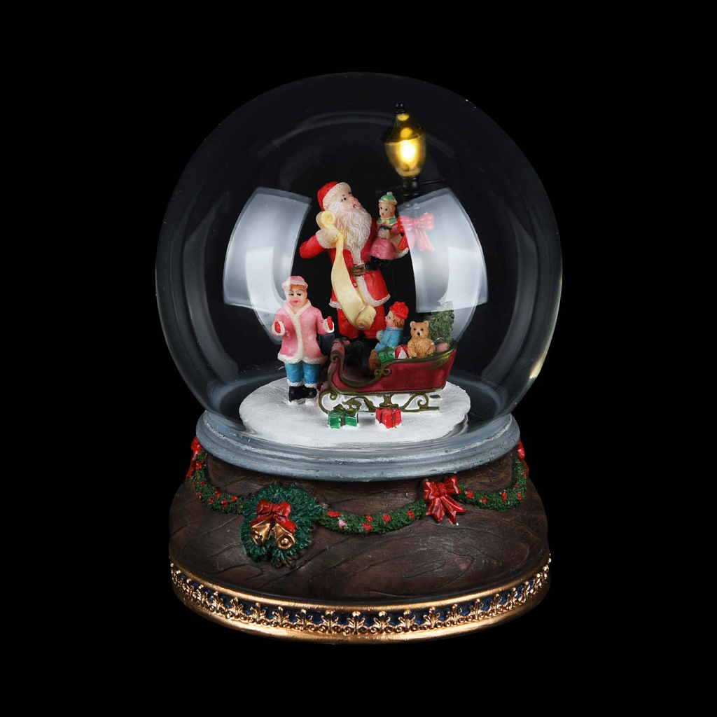 Dekoratief | Muziekdoos 'Santa with Kids', glas/resina, 12x12x16cm + adapter | A205749