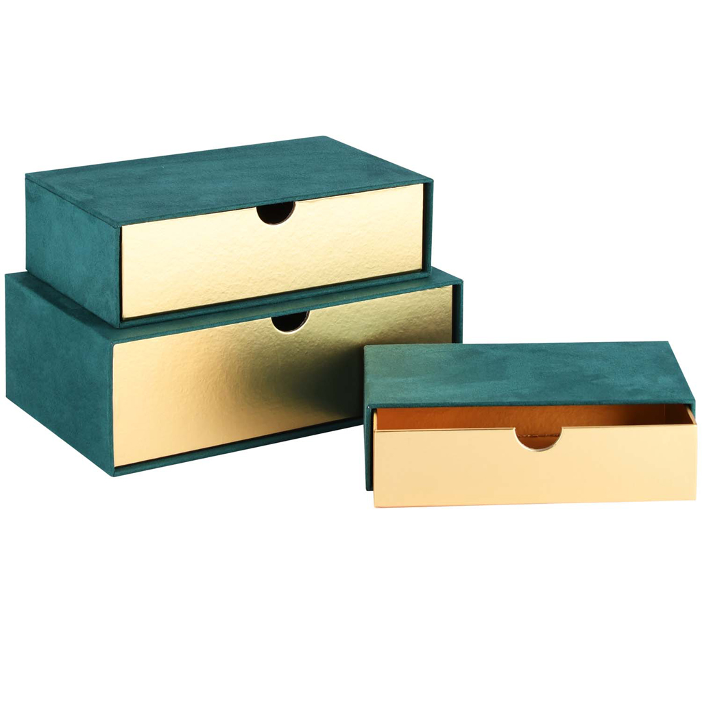 Dekoratief | Set 3 dozen RH, groen/goud, velvet, 23x16x8cm | A205757