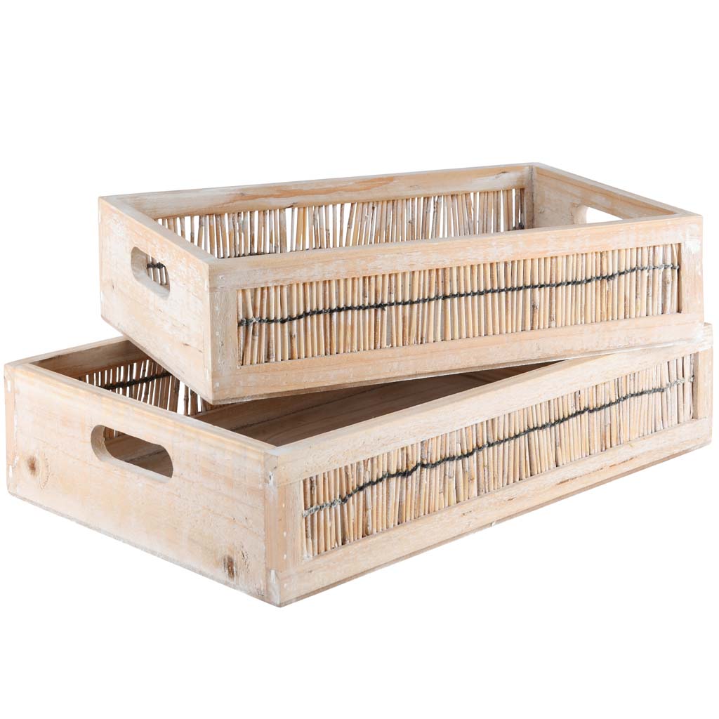 Dekoratief | Set 2 dienbladen rechthoek, naturel, hout, 42x26x9cm | A215441