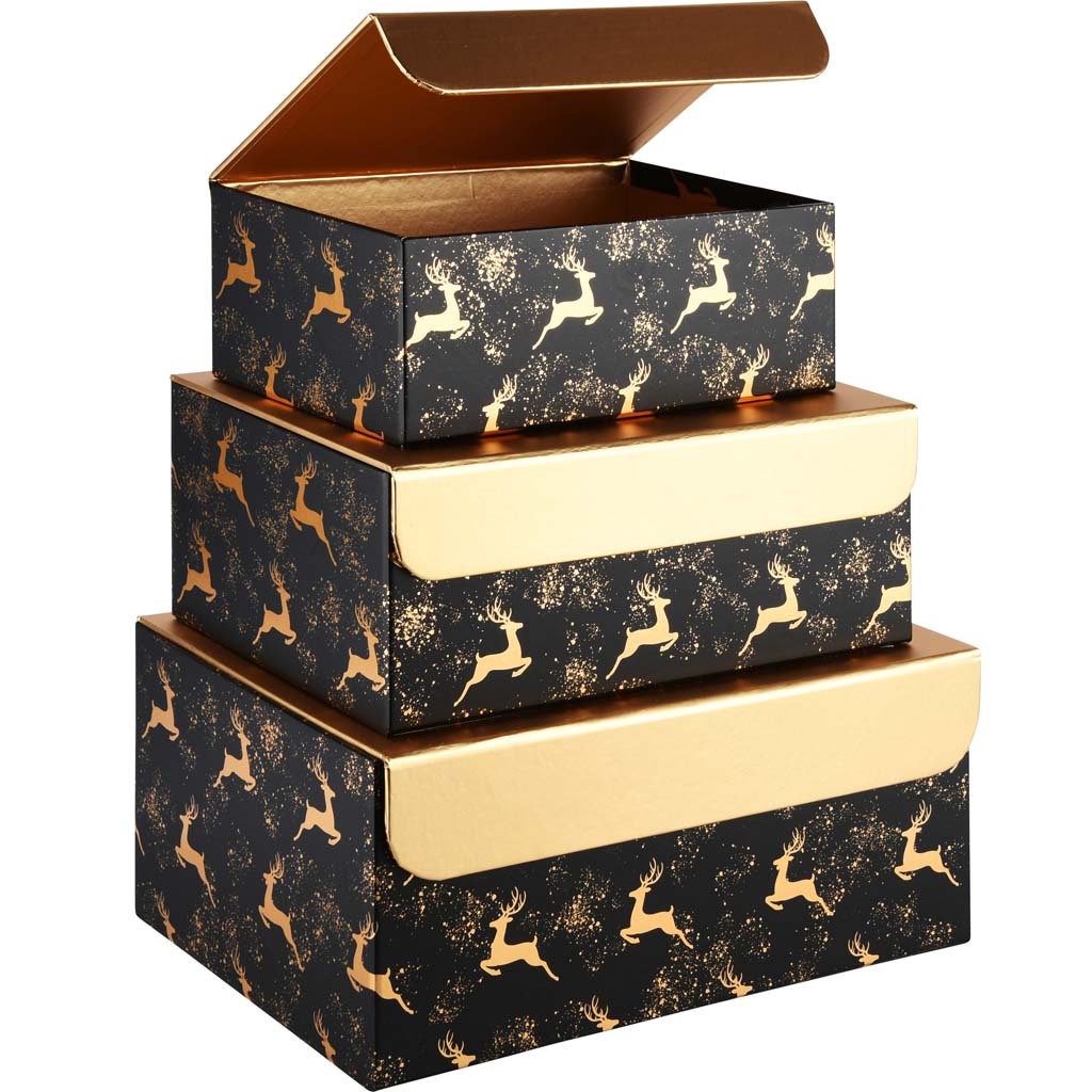 Dekoratief | Set 3 dozen rechthoek 'Golden Deer', zwart/goud, 23x16x9cm | A215680