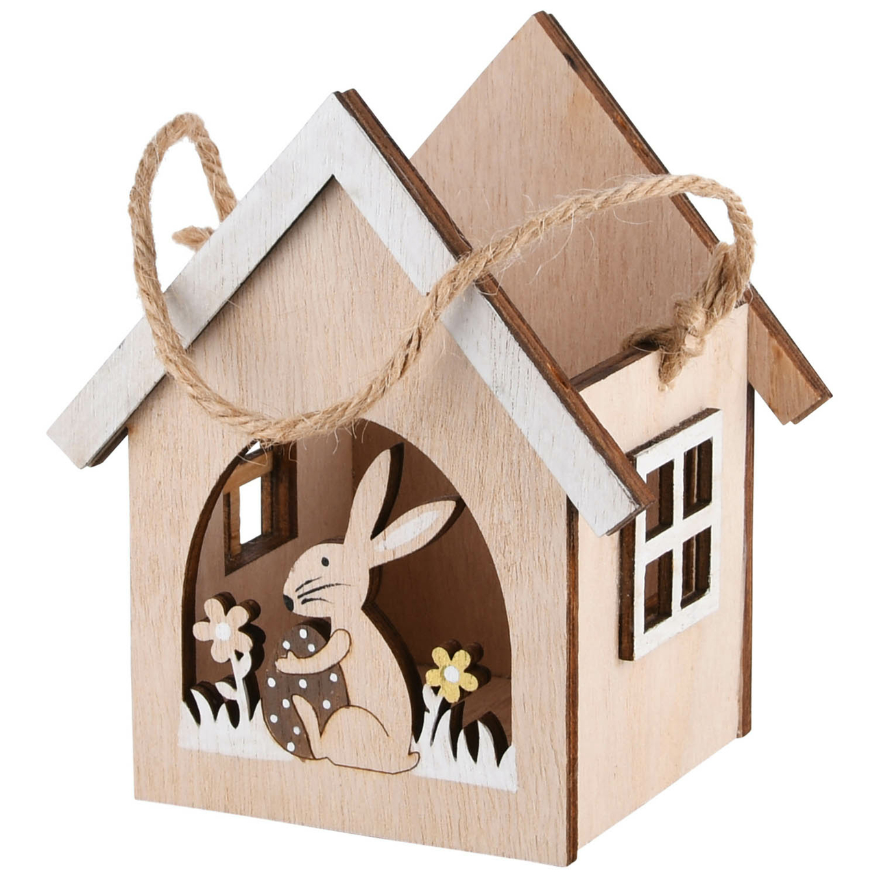 Dekoratief | Bakje huis m/bunny, naturel, hout, 11x9x13cm | A220016