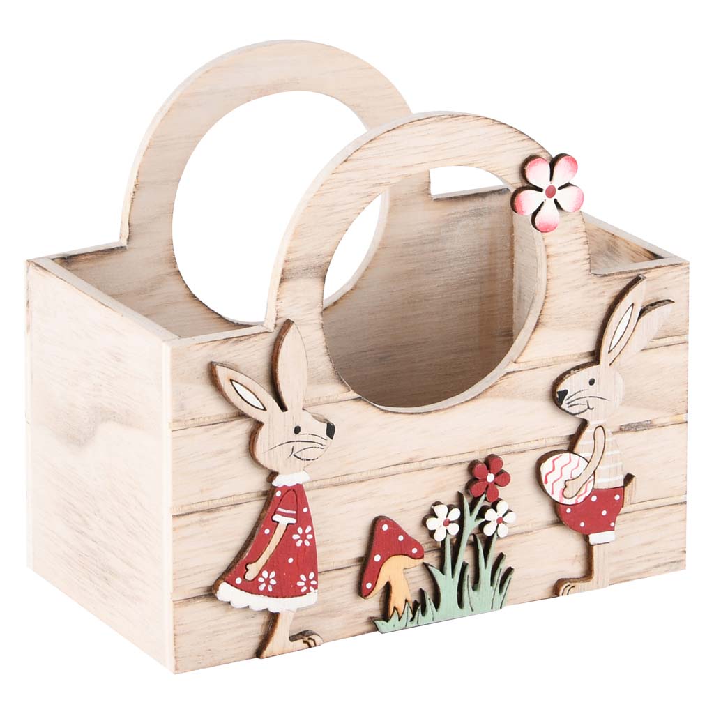 Dekoratief | Bakje m/bunnies, naturel/rood, hout, 14x8x13cm | A220199