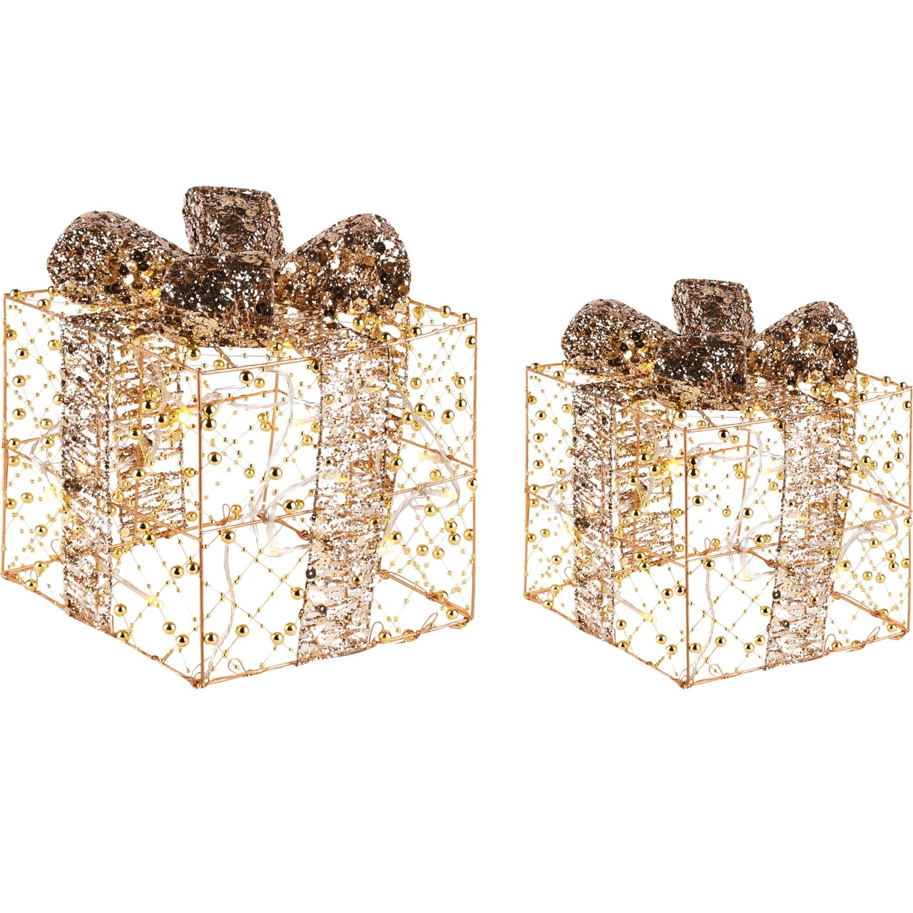 Dekoratief | Set 2 cadeautjes, goud/glitter, rotan, LED, 15x10x20cm | A225049