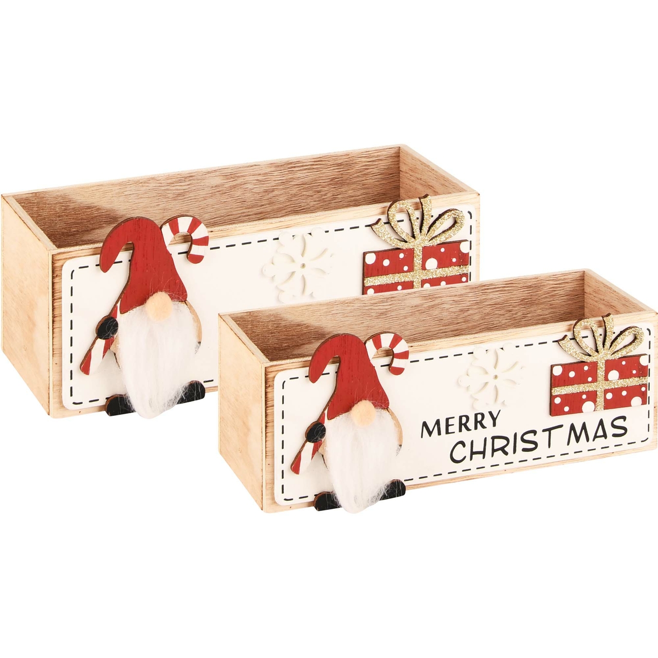 Dekoratief | Set 2 bakjes m/santagnoom 'Merry Christmas', hout, 22x8x8cm | A225074