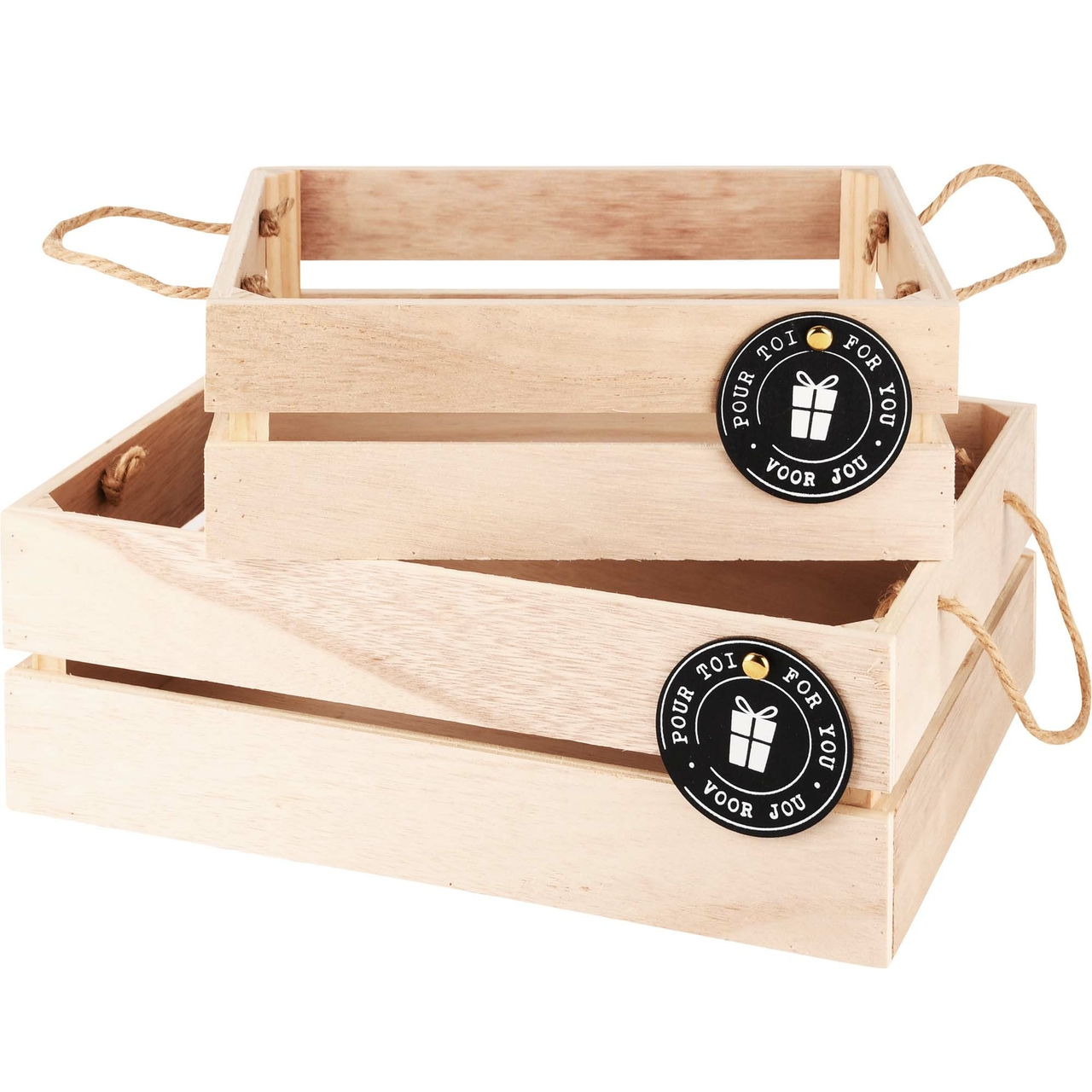 Dekoratief | Set 2 bakjes m/label divers, naturel/zwart, hout, 29x23x10cm | A225133