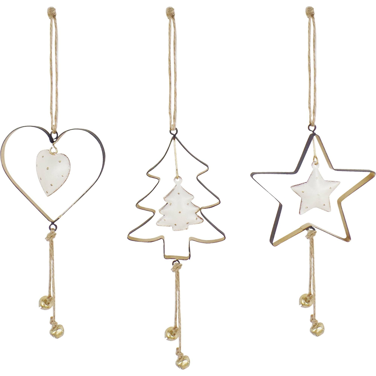 Dekoratief | Hanger hart/boom/ster, zwart/wit/goud, metaal, 27x7x1cm, set van 3 stuks | A225147