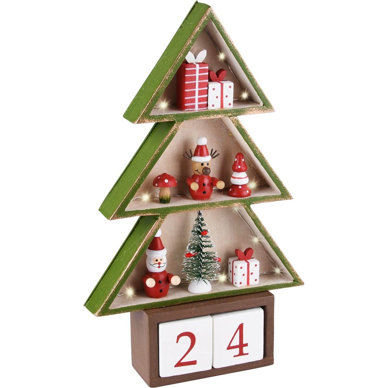 Dekoratief | Kalender kerstboom, groen/rood, hout, 15x5x24cm | A225173