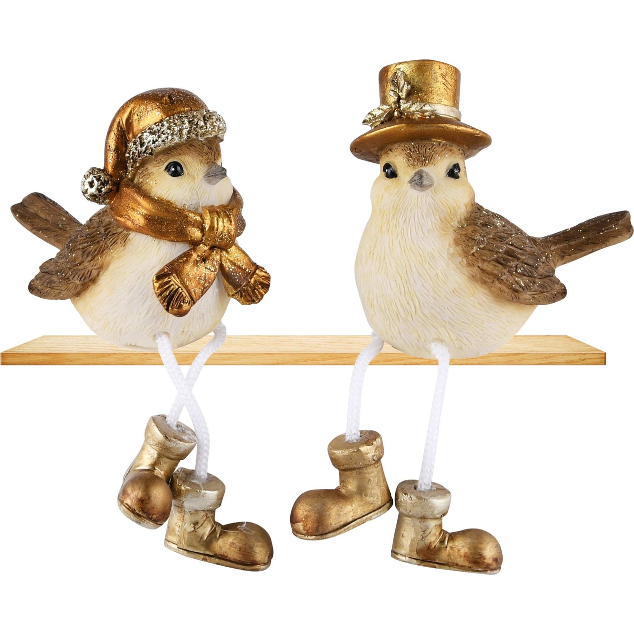 Dekoratief | Vogeltje m/hangbeentjes, naturel/goud, resina, 8x5x7cm, set van 2 stuks | A225420