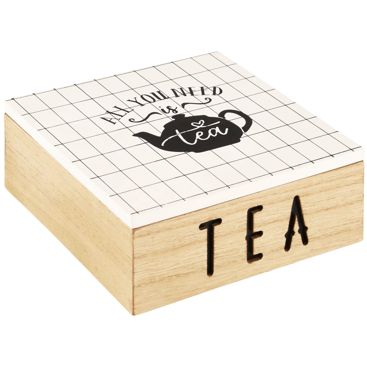 Dekoratief | Theedoos 'All you need is Tea', naturel/wit, hout, 17x17x7cm | A225558