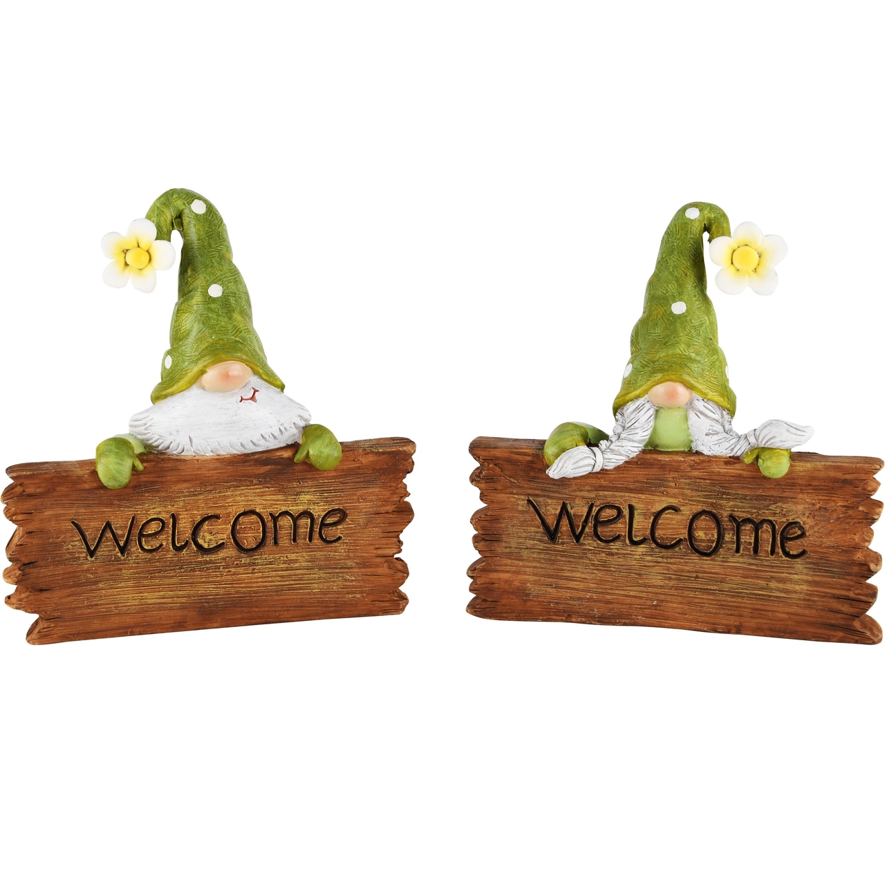 Dekoratief | Gnoom m/bordje 'Welcome', groen, resina, 14x4x14cm, set van 2 stuks | A230518