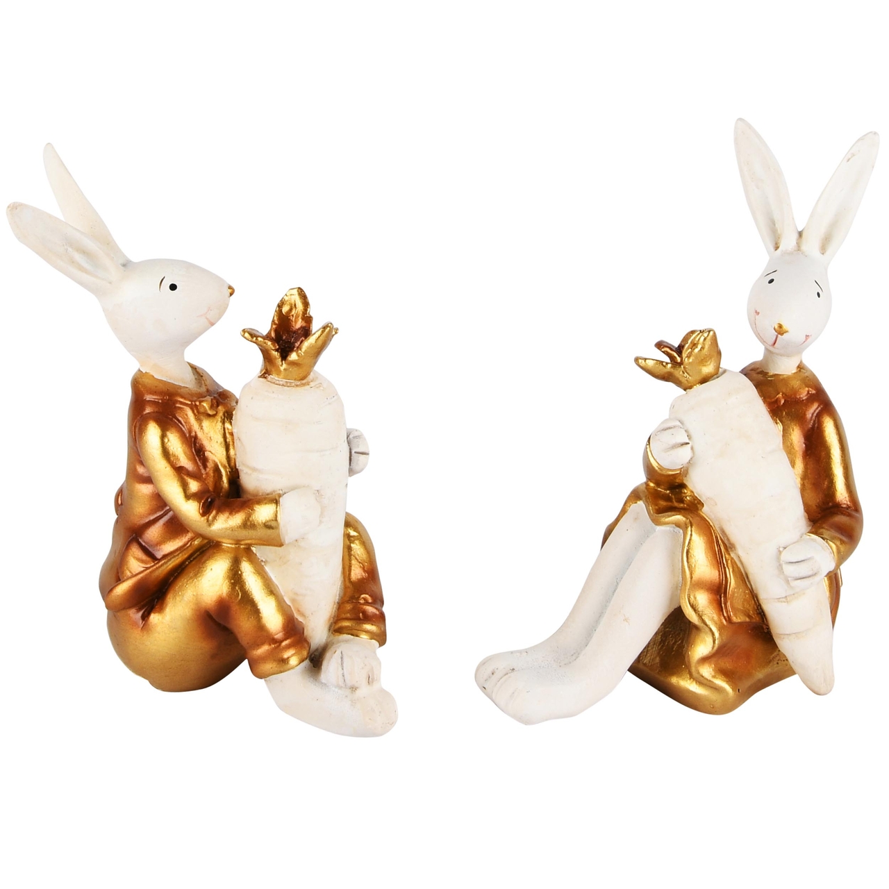 Dekoratief | Bunny m/wortel, goud/wit, resina, 11x6x8cm, set van 2 stuks | A230520