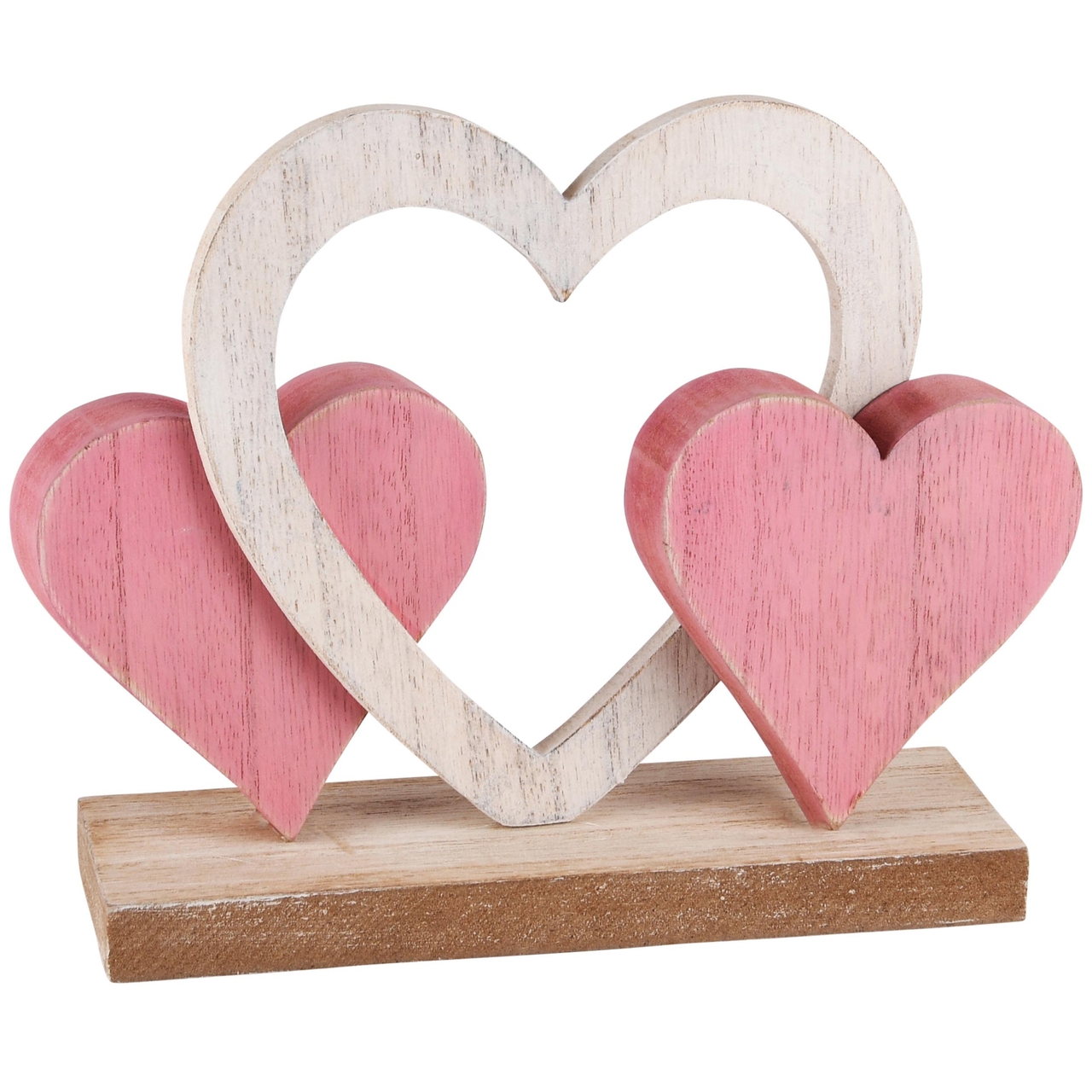 Dekoratief | Trio harten op voet, roze/wit, hout, 20x6x16cm | A230683