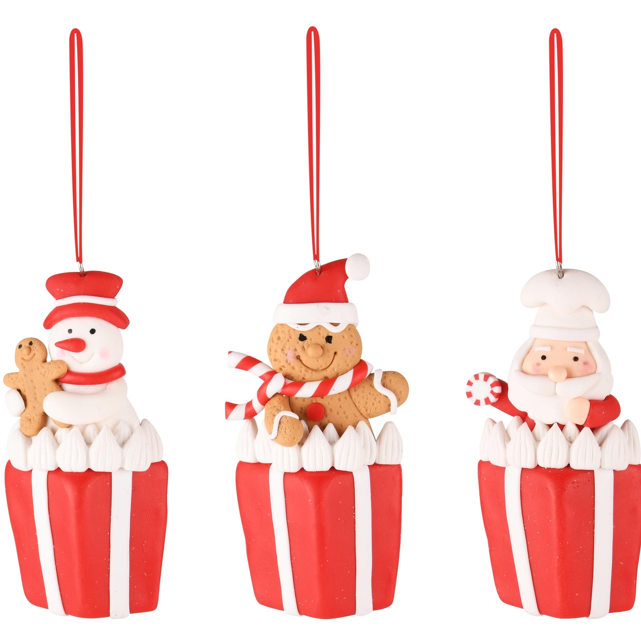 Dekoratief | Hanger sneeuwman/santa/cookie, rood/wit, klei, 6x2x10cm, set van 3 stuks | A235058