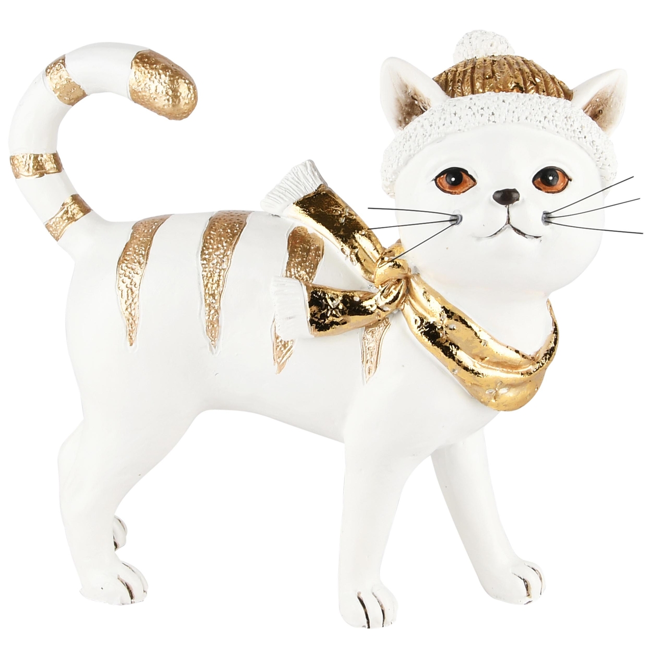 Dekoratief | Poes 'Purry' m/muts/sjaal, wit/goud, resina, 14x6x16cm | A235116