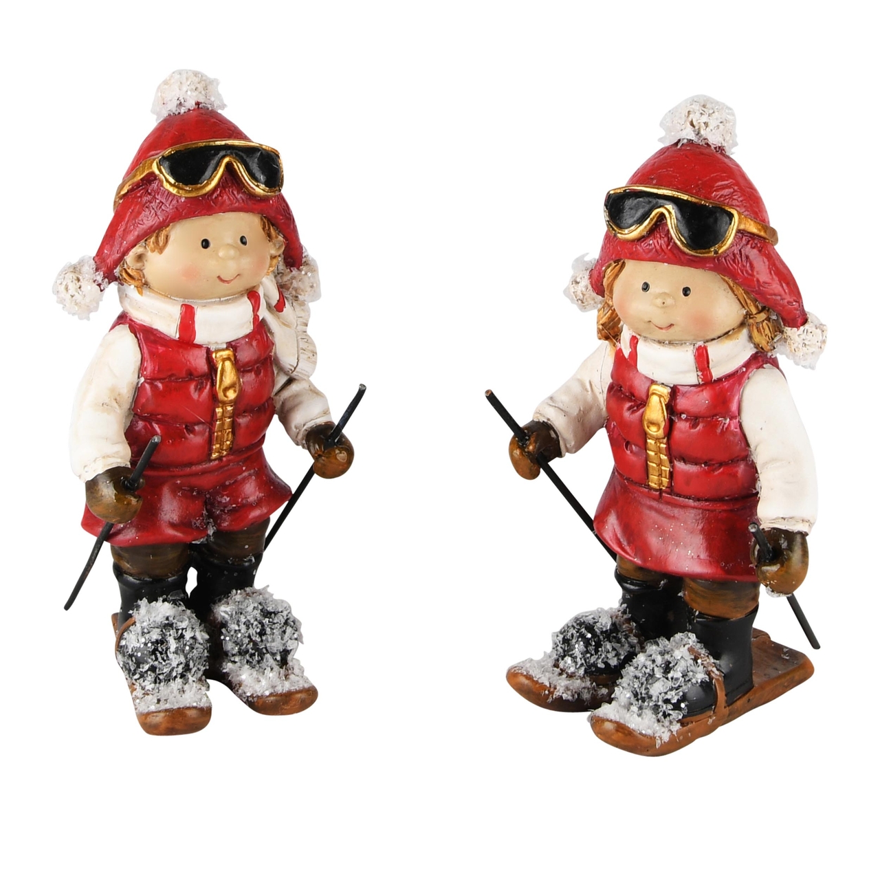 Dekoratief | Winterkindje op ski's, rood/wit, resina, 5x6x14cm, set van 2 stuks | A235285