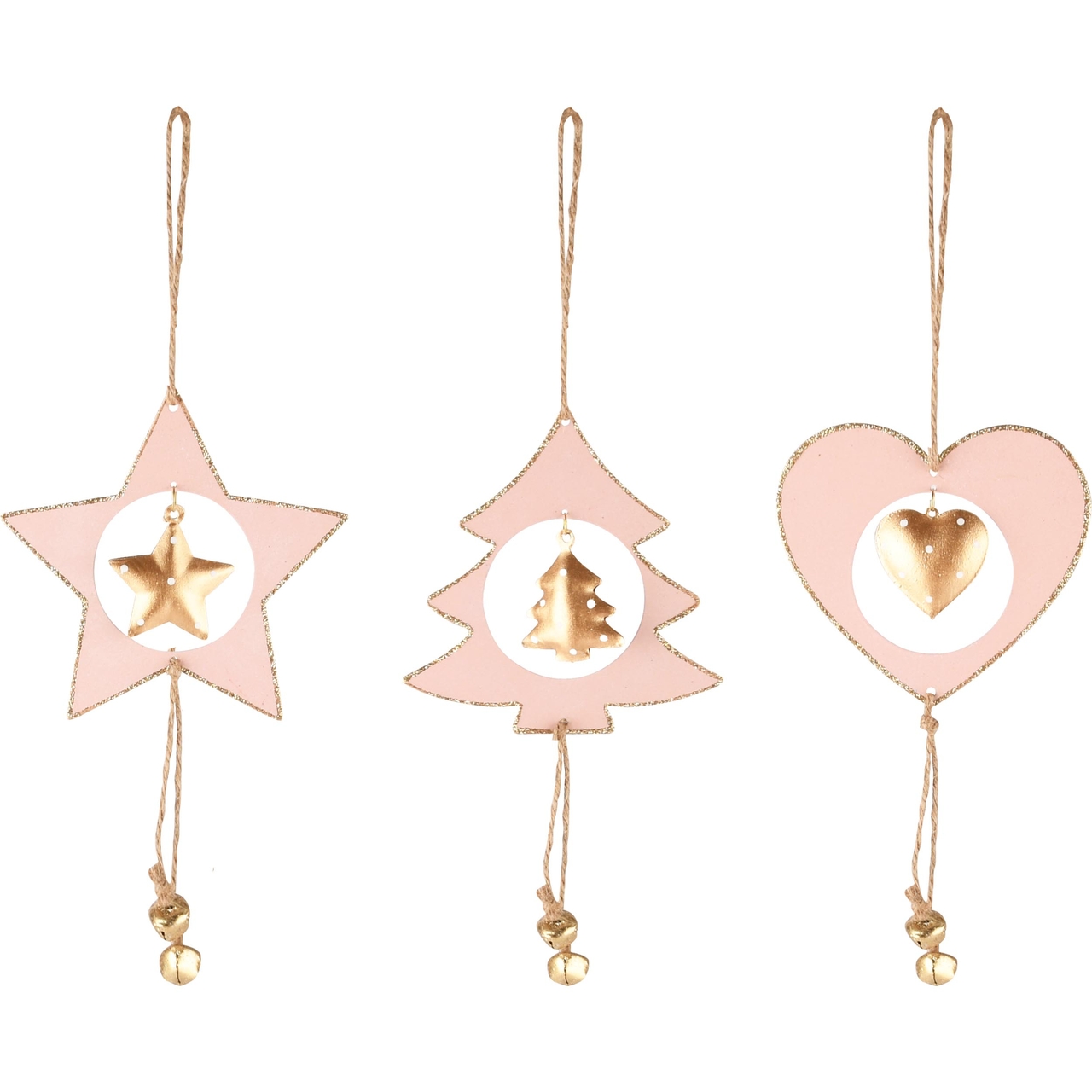 Dekoratief | Hanger boom/hart/ster, roze/goud, metaal, 10x29cm, set van 3 stuks | A235671