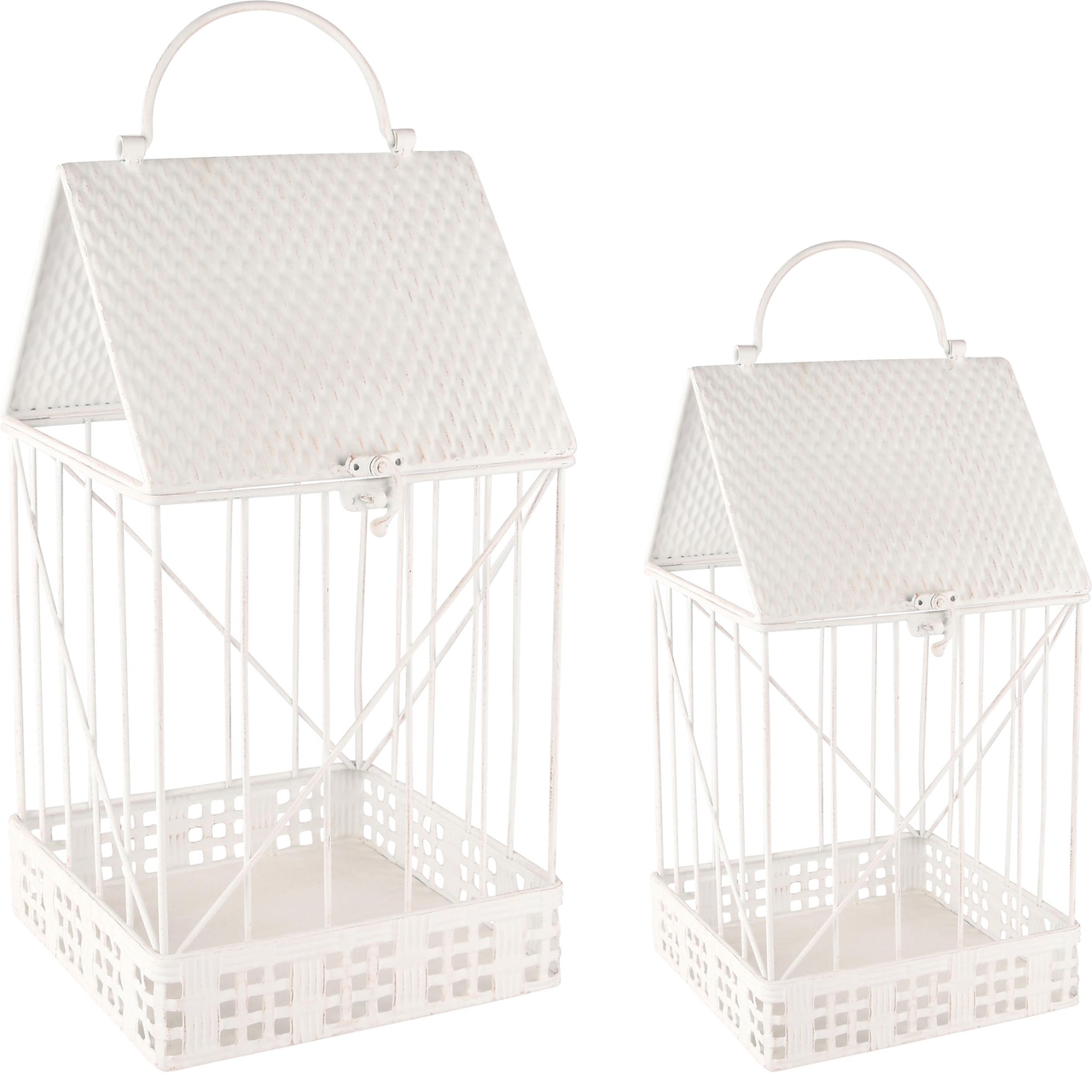 Dekoratief | Set 2 kooien huis, wit, metaal, 20x20x43cm | A235754