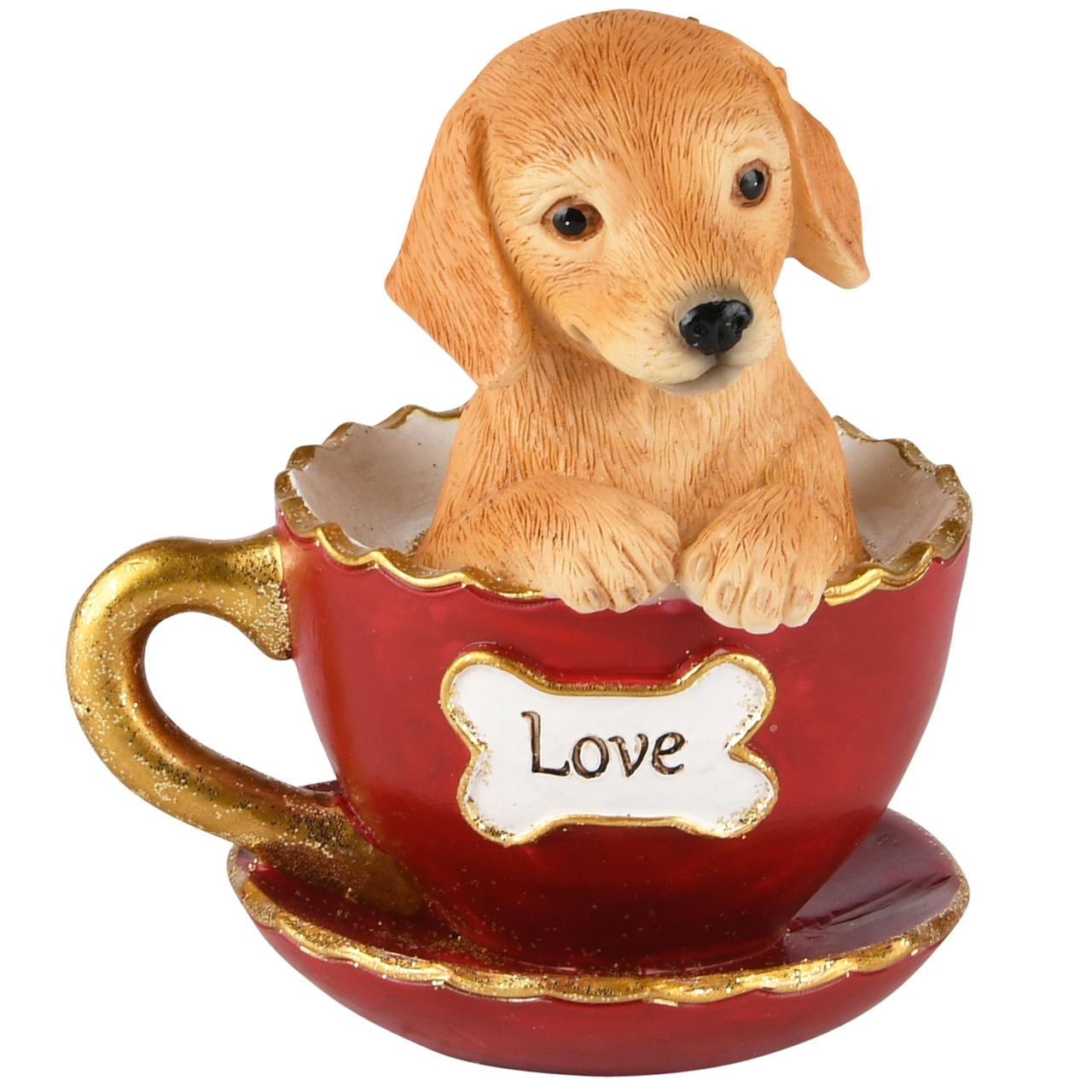 Dekoratief | Hond in koffietas 'Love', bruin/rood, resina, 8x8x10cm | A235821