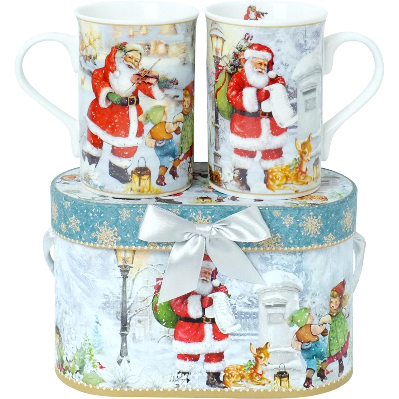 Dekoratief | Set 2 mokken in doos 'Playful Santa', porselein/karton, 19x9x11cm | A235845