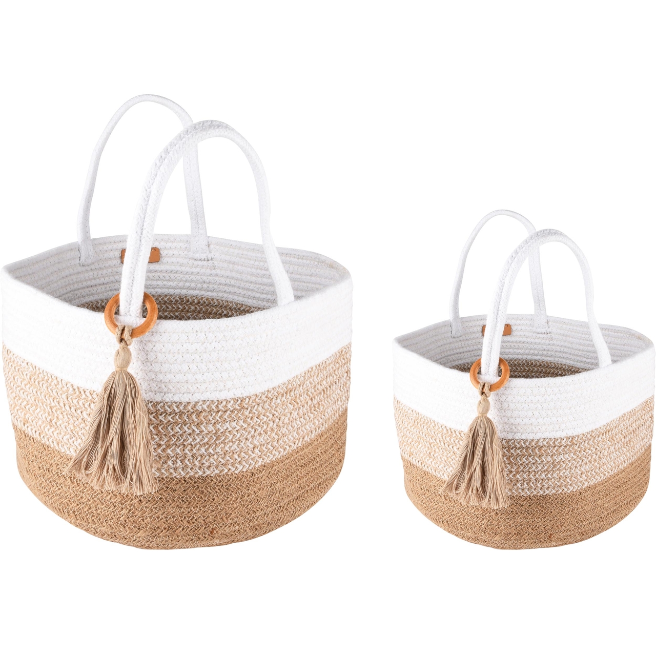 Dekoratief | Set 2 manden rond m/kwastje, naturel/wit, katoen, 35x35x25cm | A238186