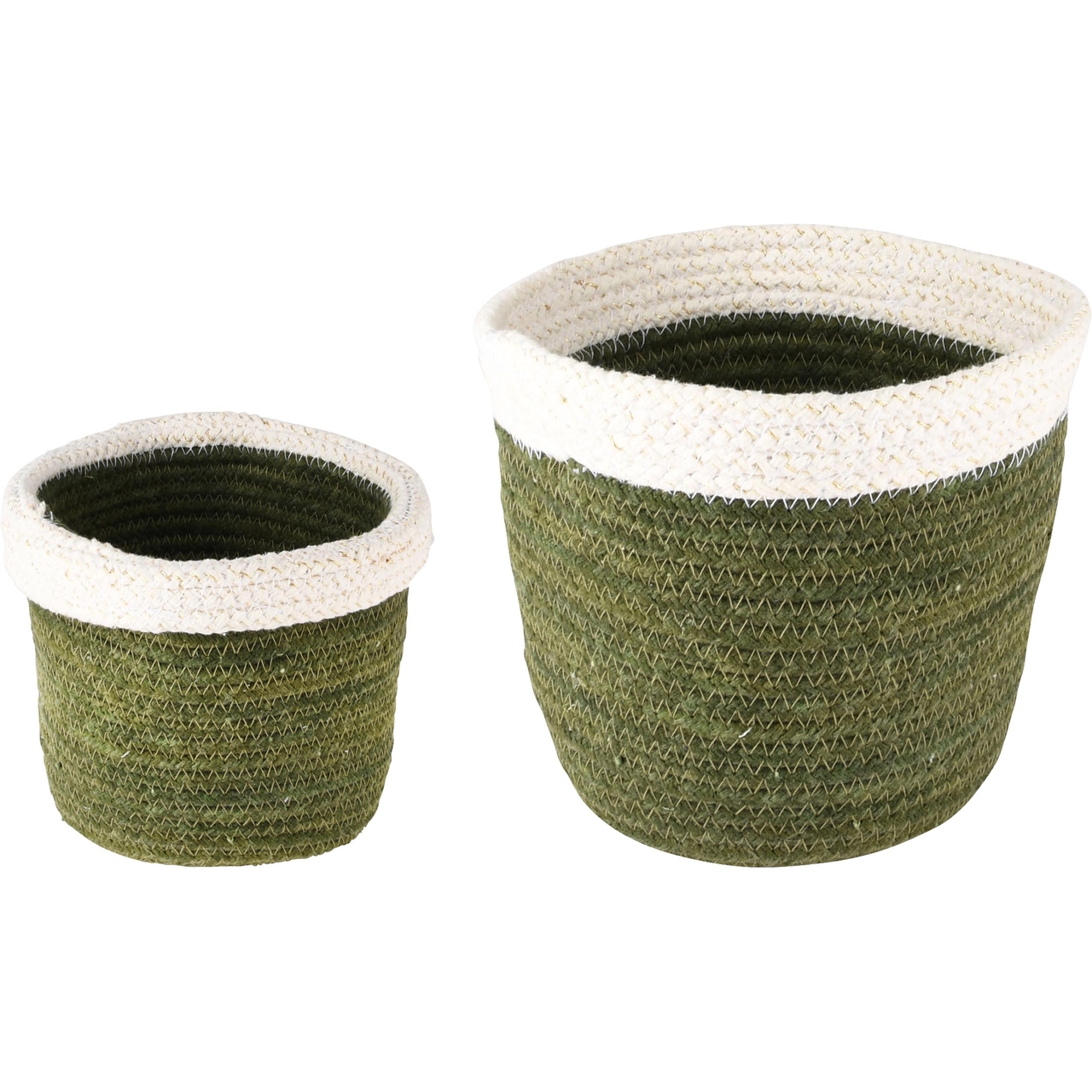 Dekoratief | Set 2 manden rond, wit/groen, katoen, 25x16x20cm | A238191