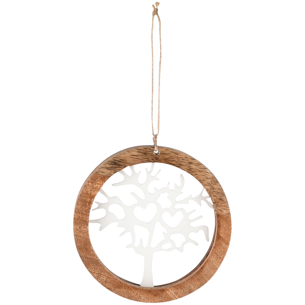 Dekoratief | Hanger rond m/boom, wit/naturel, metaal/hout, 10x10x2cm | A238285