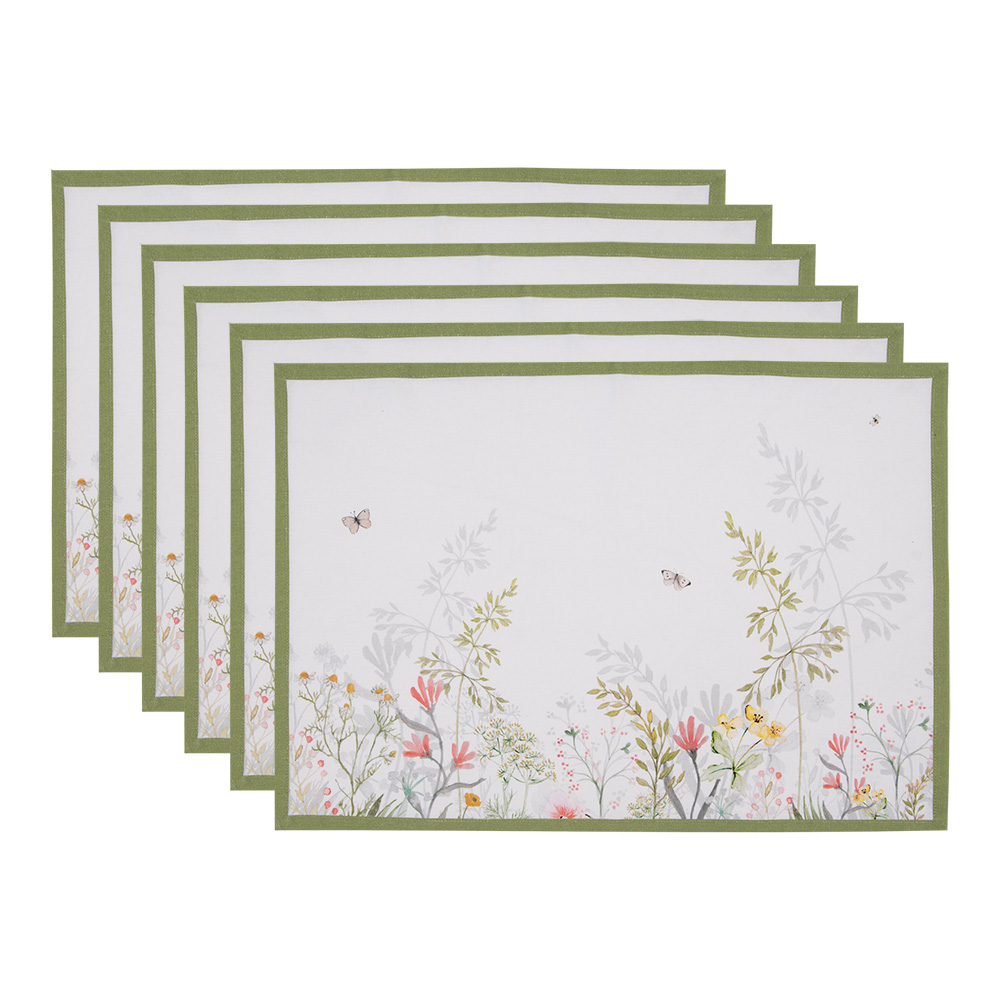 Clayre & Eef   | Placemats Set van 6 Wit Groen 48x33 cm | WFF40