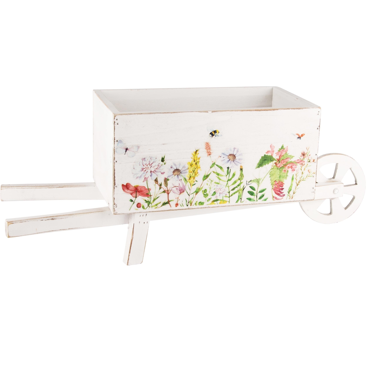 Dekoratief | Kruiwagen m/bloemen, wit, hout, 49x15x12cm | A240252