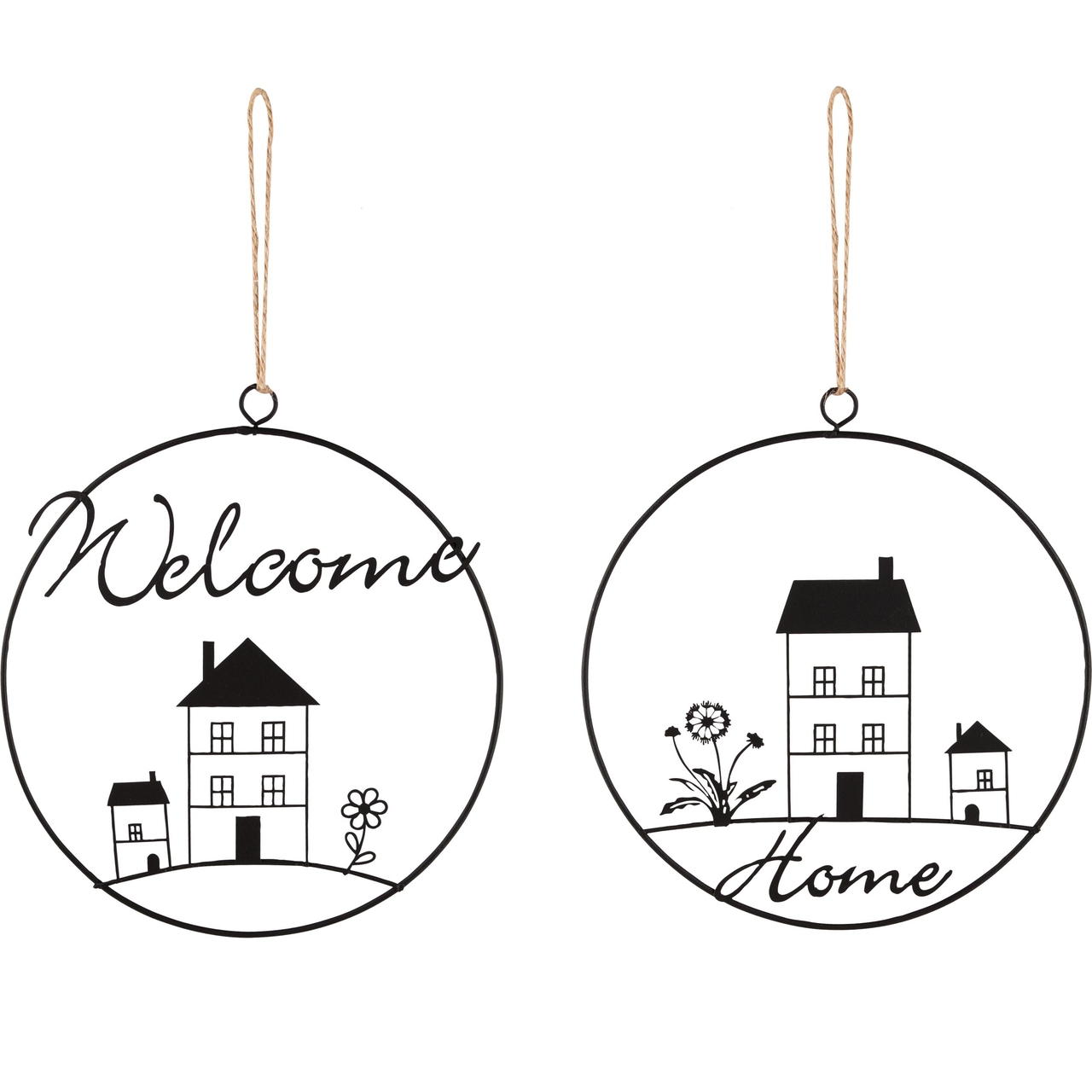 Dekoratief | Hanger ring m/huisje 'Welcome/Home', metaal, 18x16cm, set van 2 stuks | A240538