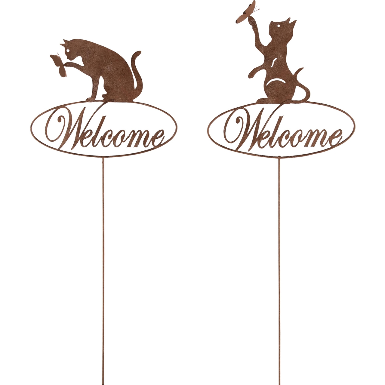 Dekoratief | Stick m/poes 'Welcome', roest, metaal, 52x17cm, set van 2 stuks | A240543