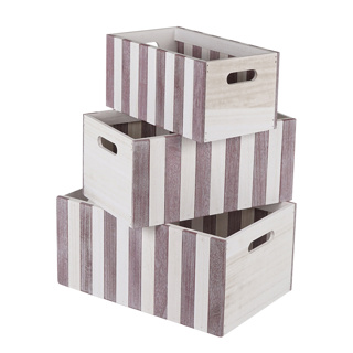 Dekoratief | Set 3 bakjes m/strepen, roze/wit, hout, 38x25x18cm | A244008