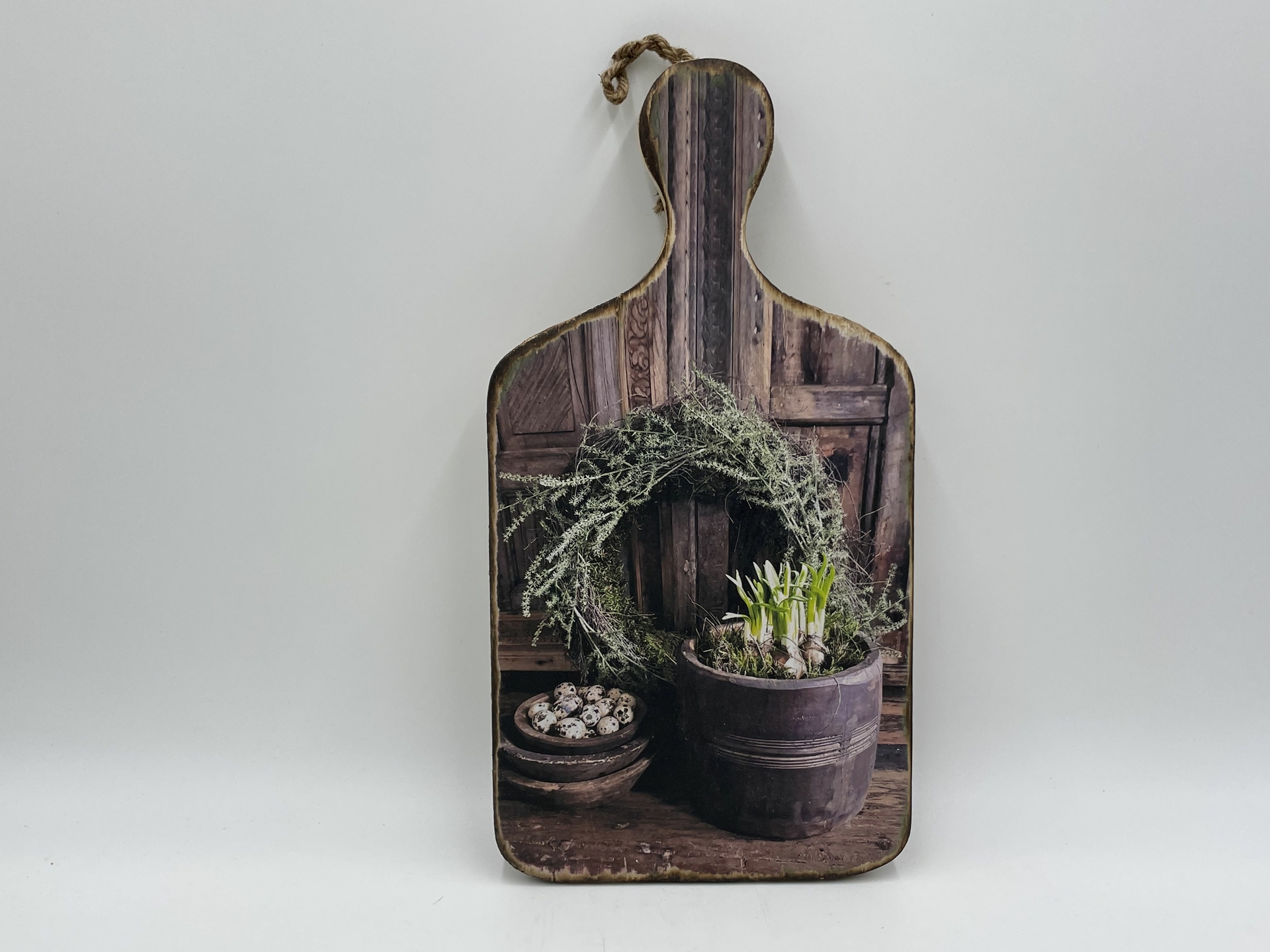 Decoratie broodplank met print krans bloempot & kwarteleitjes 35,5 cm x 18,5 cm touw maat M | Stoer & Sober | 431499 | Meraki Shop