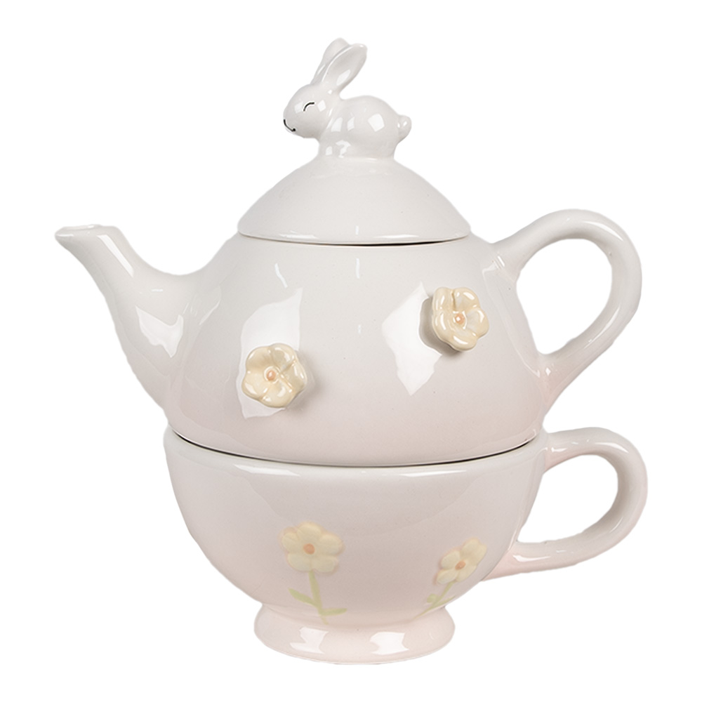 Clayre & Eef   | Tea for One Roze Wit 18x12x13 cm /ø 15x11x7 cm 500 ml / 275 ml | 6CE1698